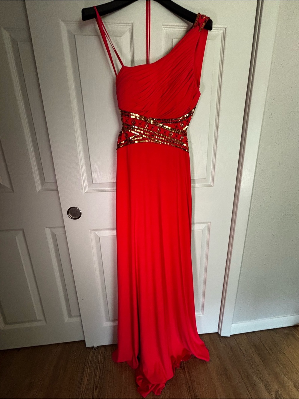 Betsey Johnson Coral One-Shoulder Evening Gown with Sequin Waistband